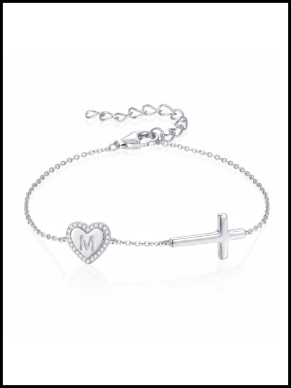 Sterling Silver Initial Cross Bracelet Dainty Heart Name Charm Adjustable